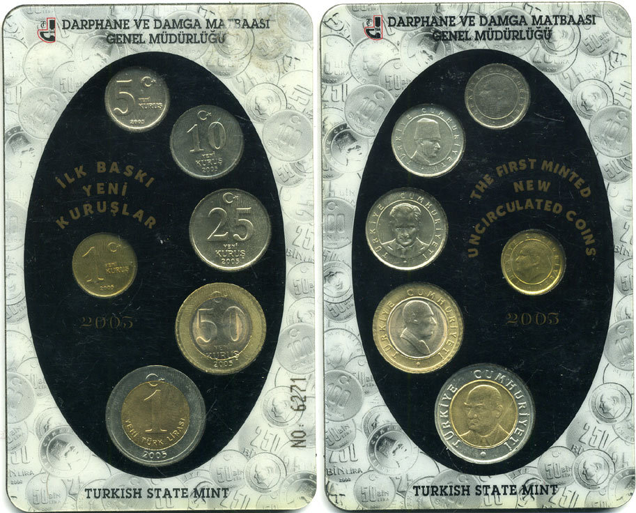 Турция официальный набор из 6 монет 2005 первый выпуск в новом дизайне, в оригинальном буклете UNC 3-6-3-20
