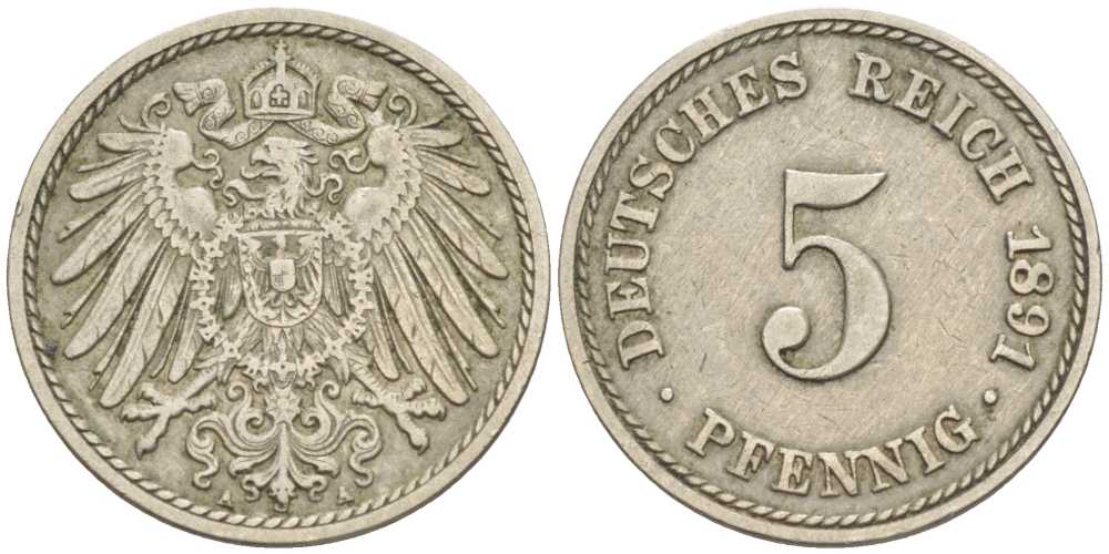 ГЕРМАНИЯ 5 ПФЕННИГОВ 1891 А KM 11, J. 12 медно-никель 100-541