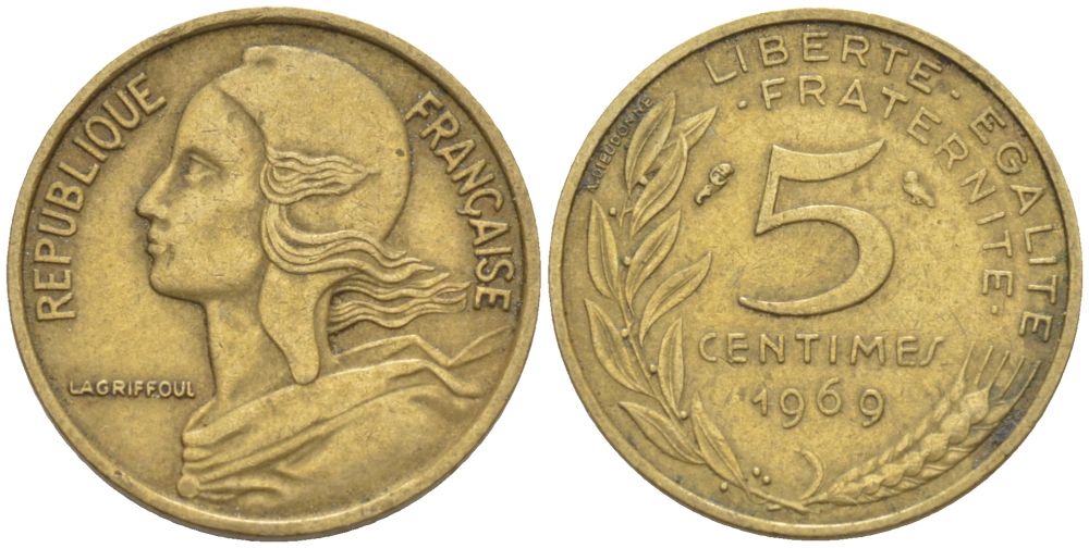 ФРАНЦИЯ 5 САНТИМОВ 1969 ТИП MARIANNE KM 933 медь алюминий никель 3309-1038