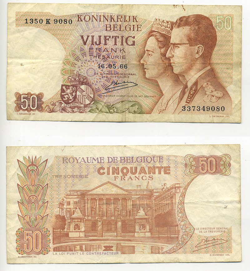 БЕЛЬГИЯ 50 ФРАНКОВ 1966 16 МАЯ 1966, ПОДПИСЬ 20, КОРОЛЬ БОДУЭН И КОРОЛЕВА ФАБИОЛА Pick 139 бумага 7203-48-1