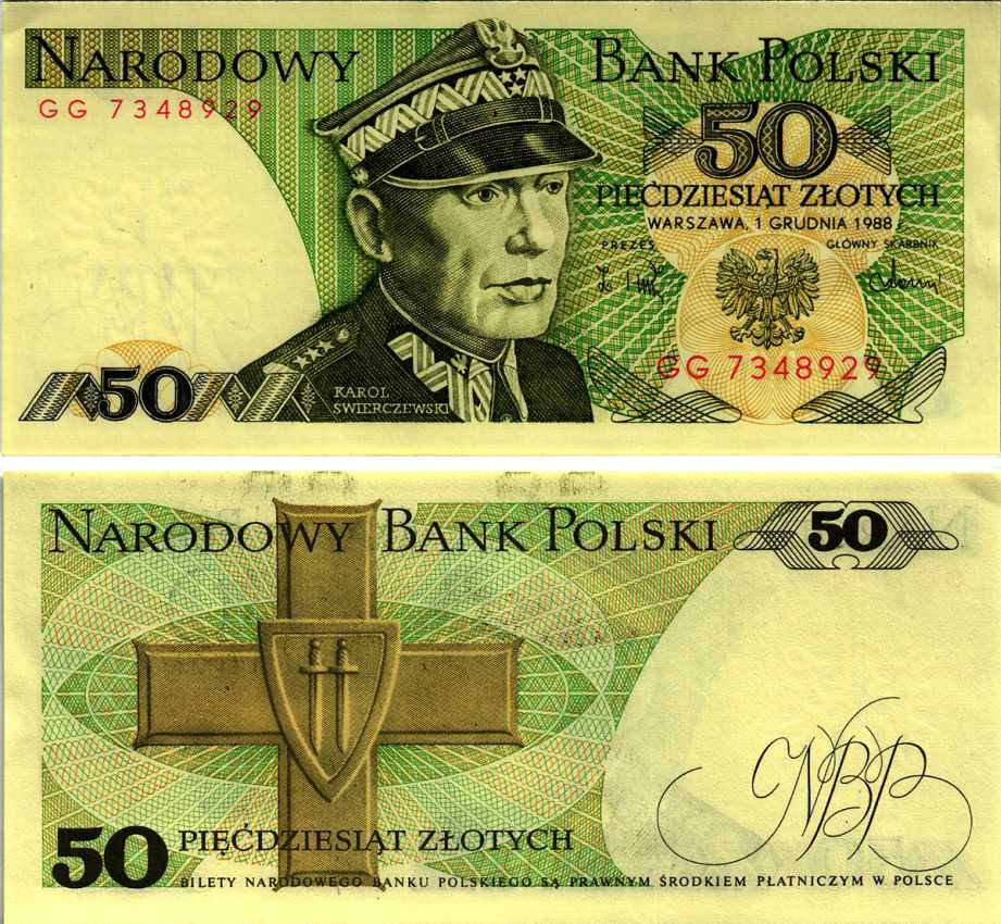 Польша 50 злотых 1988 Кароль Сверчевский, знак Грюнвальдского ордена Pick 142 c бумага аUNC 8607-73-3-2