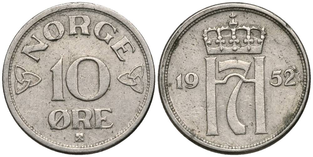 Норвегия 10 эре 1952 Хокон VII (1905-1957) KM 396 медно-никель 4549-965