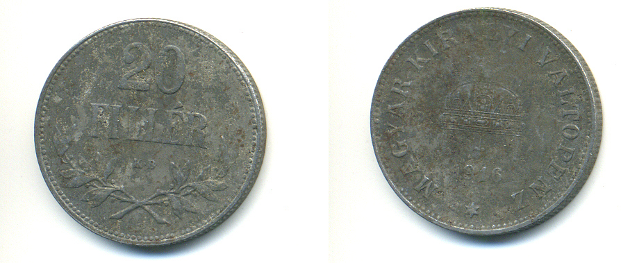 Венгрия 20 филлеров 1916 КВ, Карл I (1916-1918) KM 498 железо 83-1324