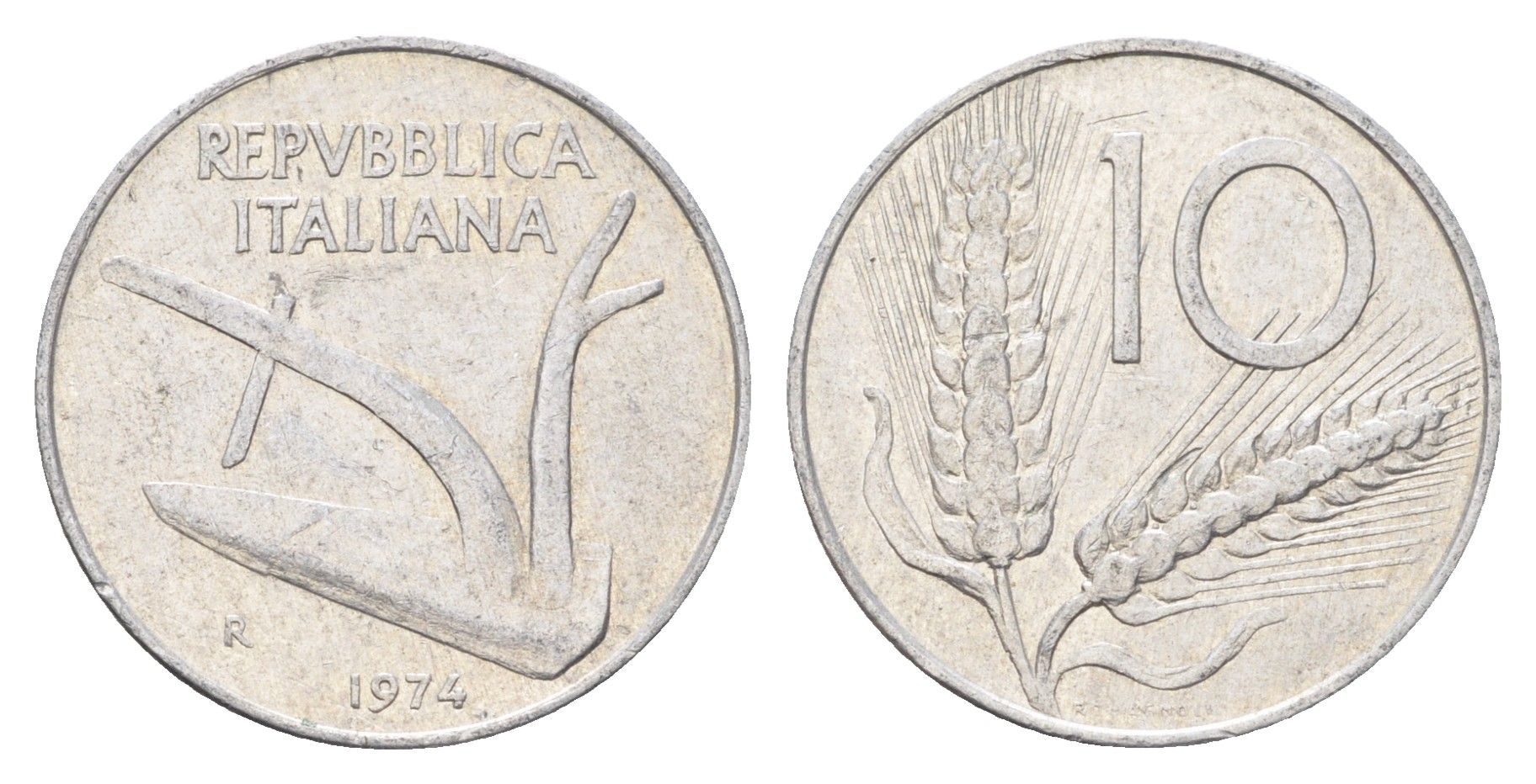 Италия 10 лир 1974 R, плуг, колосья KM 93 алюминий 4704-546
