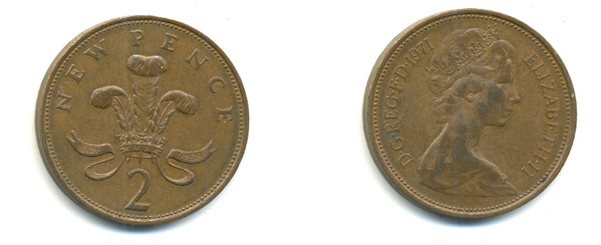 Великобритания 2 пенса 1971 Елизавета II (1952-2022) KM 916, Spink 4235 (C1) бронза 80-1046