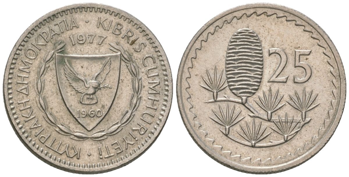 Кипр 25 милей 1977 KM 40 медно-никель 4549-961