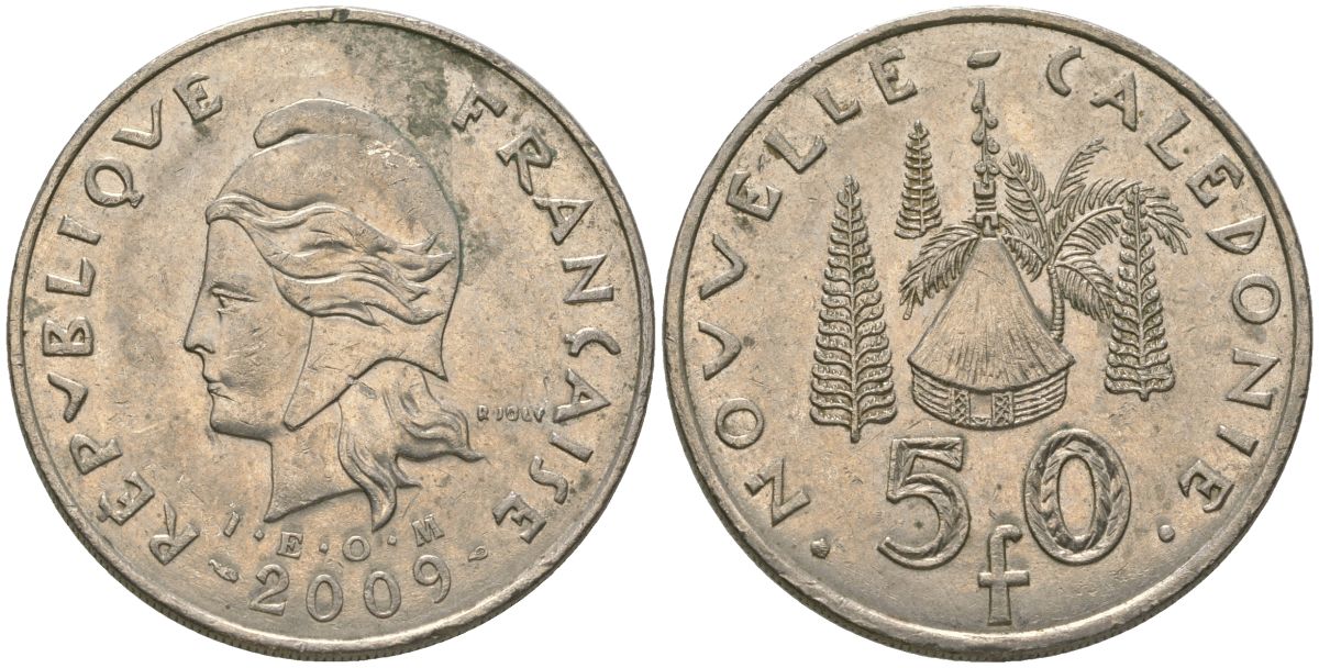 Французская Новая Каледония 50 франков 2009 хижина среди сосен и пальм, (IEOM) KM 13a, Schoen 15a, Lec 128i медно-никель 115-941