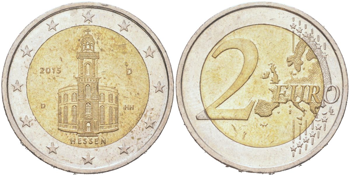 ФРГ 2 евро 2015 D, Федеральные земли Германии - Церковь Св. Павла во Франкфурт-на-Майне, Гессен KM 336 биметалл 4128-132