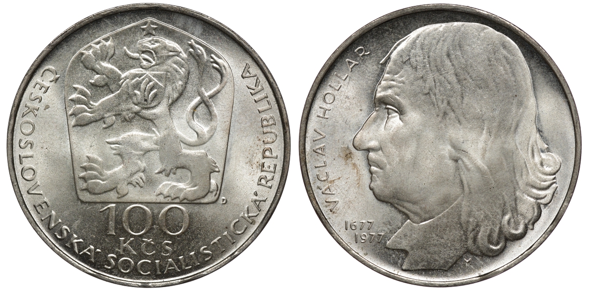 Чехословакия 100 крон 1977 100 лет со дня смерти Вацлав Холлар (1607-1677) KM 88 серебро UNC 441-232