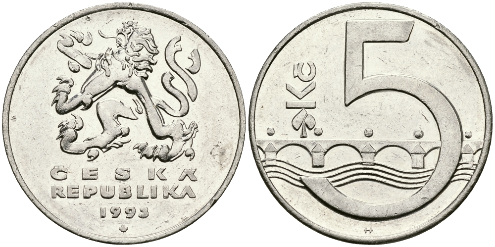 Чехия 5 крон 1993 чешский лев, Карлов мост KM 8 сталь плакированная никелем 540-751