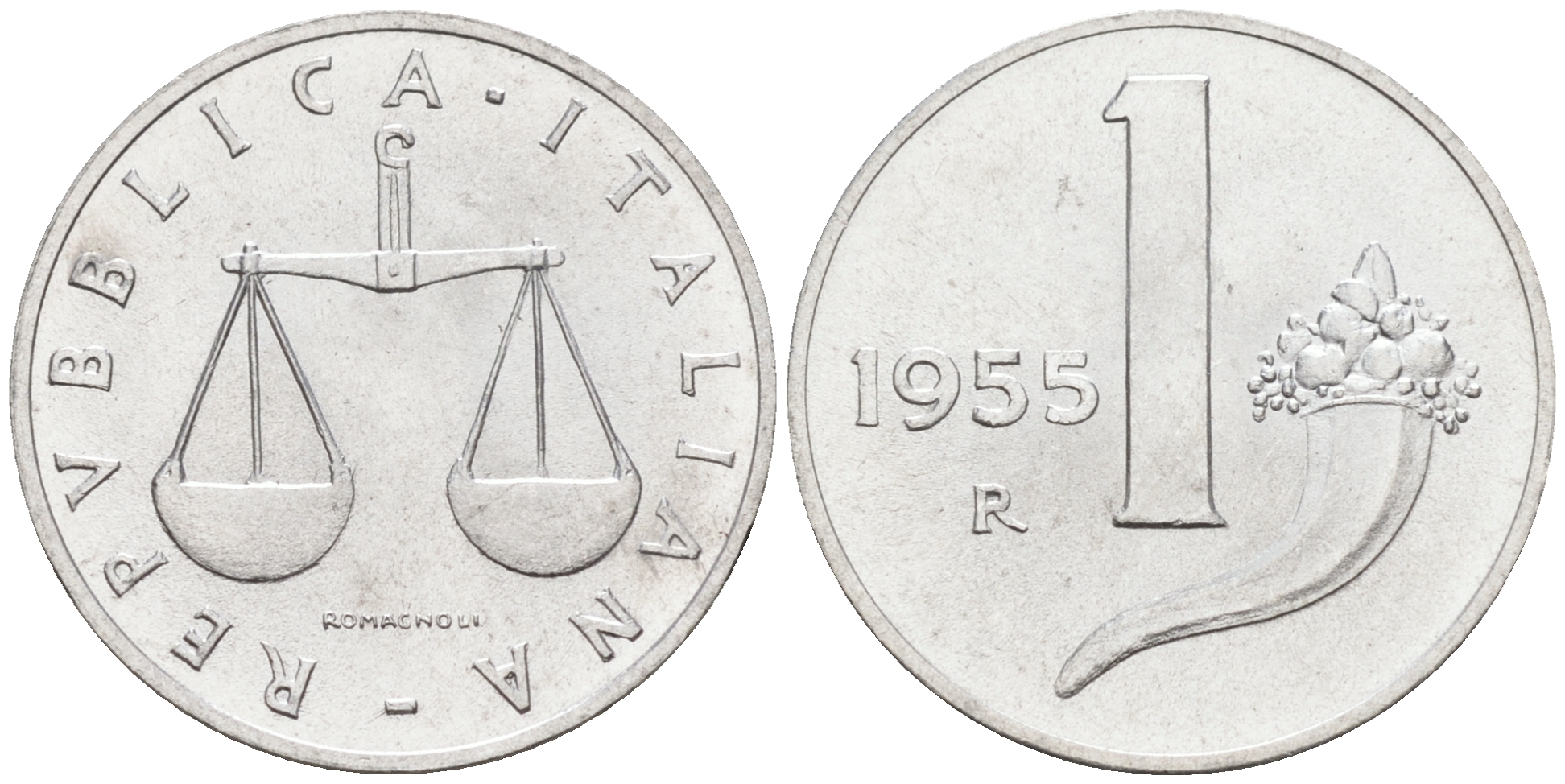 Италия 1 лира 1955 R, весы KM 91 алюминий  UNC  4594-144