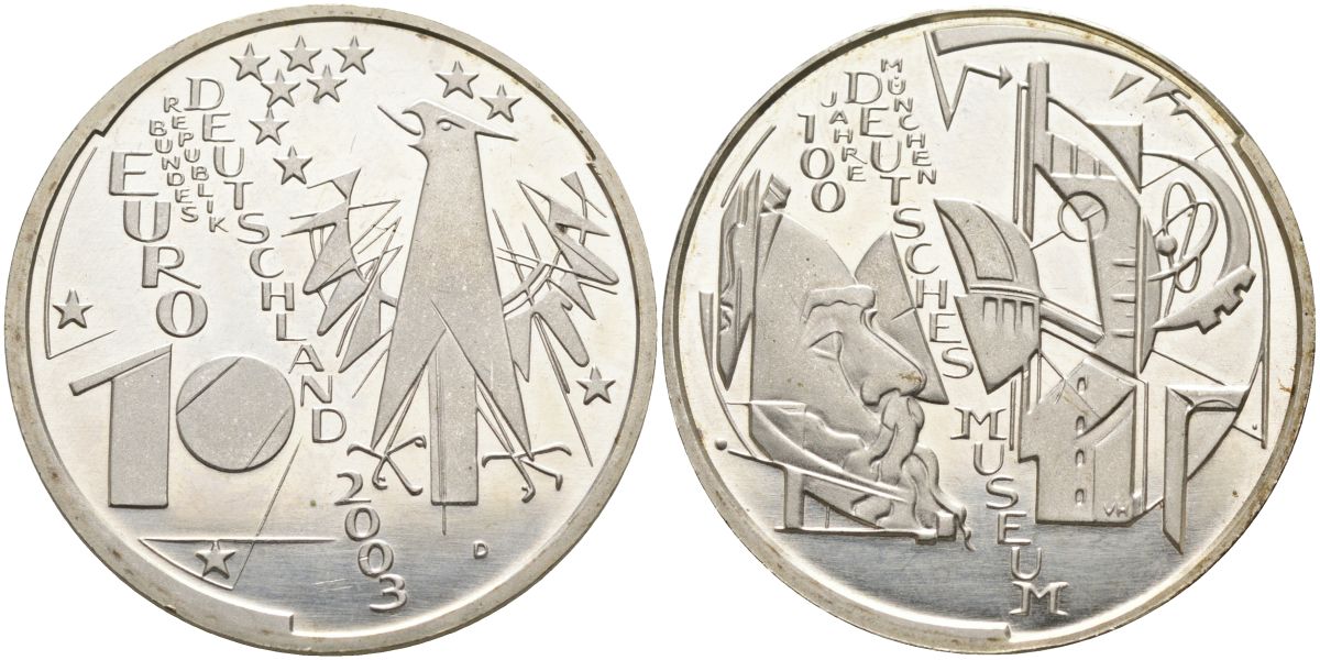 ФРГ 10 евро 2003 D, 100 лет немецкому музею в Мюнхене KM 225, DE.S. 10.6 серебро PROOF 02-038-15