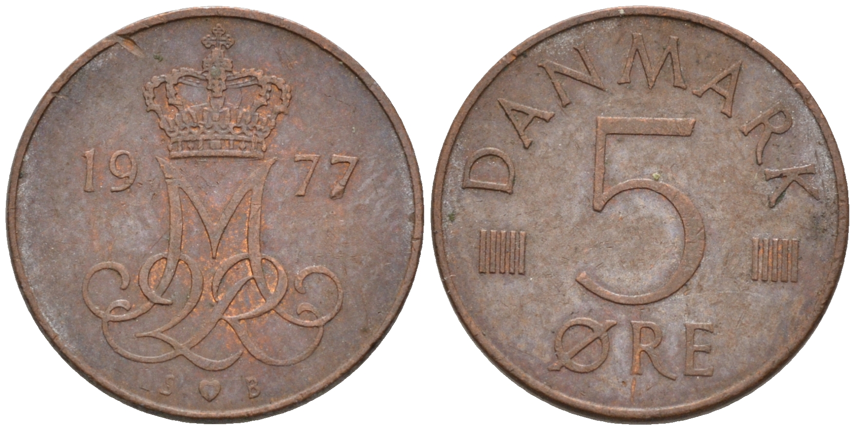 ДАНИЯ 5 ЭРЕ 1977 S; B, МАРГРЕТЕ II (1972-) KM 859.1 железо плакированное медью 4564-1164