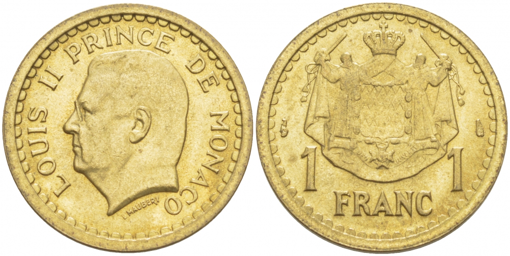 Монако 1 франк 1945 Луи II (1922-1949) KM 120 a алюминиевая бронза UNC 4402-732