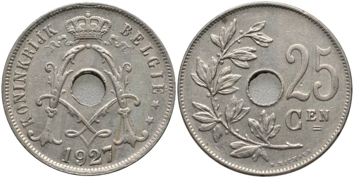 Бельгия 25 сантимов 1927 BELGIE KM 69 медно-никель 4171-647