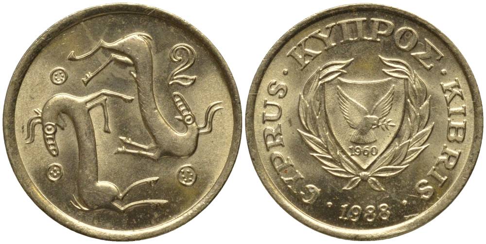 КИПР 2 ЦЕНТА 1988 КОЗЛЫ KM 54.2 никель латунь 211-663
