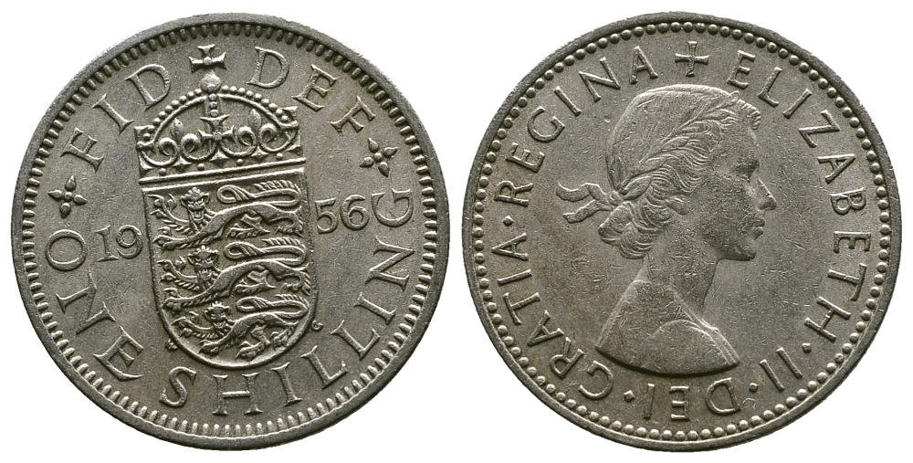 Великобритания 1 шиллинг 1956 Елизавета II (1952-2022), Английский герб KM 904, Spink 4147 медно-никель 4384-331