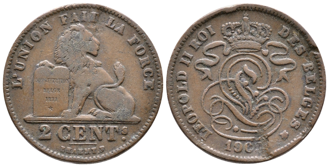 БЕЛЬГИЯ 2 САНТИМА 1909 BELGES KM 35.1 медь 4364-4125