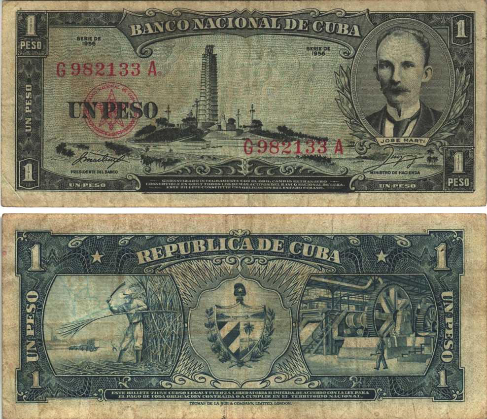 Куба 1 песо 1956 портрет Хосе Марти, монумент Pick 87 а  бумага   7191-18-3-2