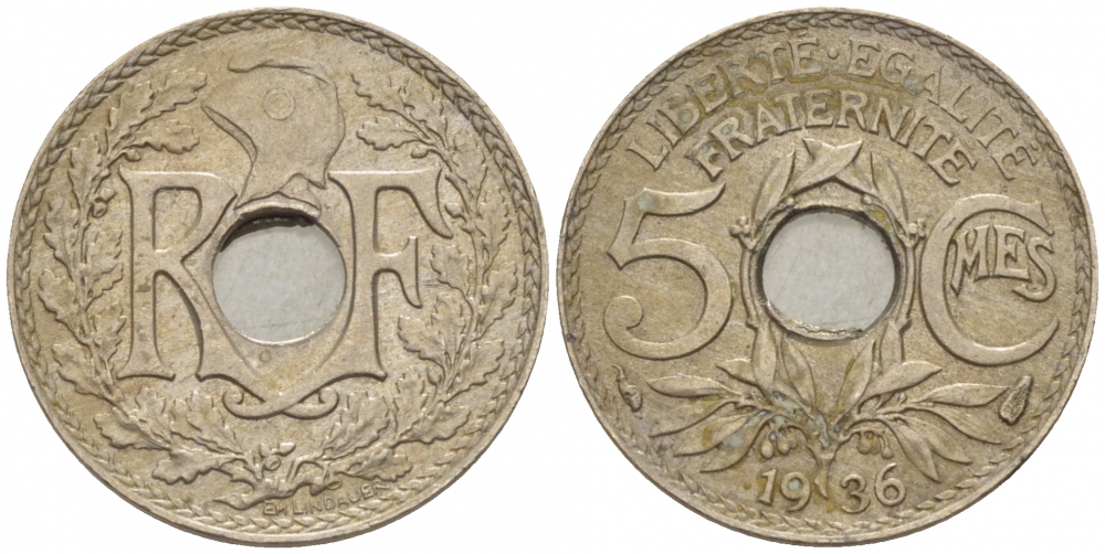 ФРАНЦИЯ 5 САНТИМОВ 1936 ТИП ЛИНДАЙЁ KM 875 медно-никель 3309-1024