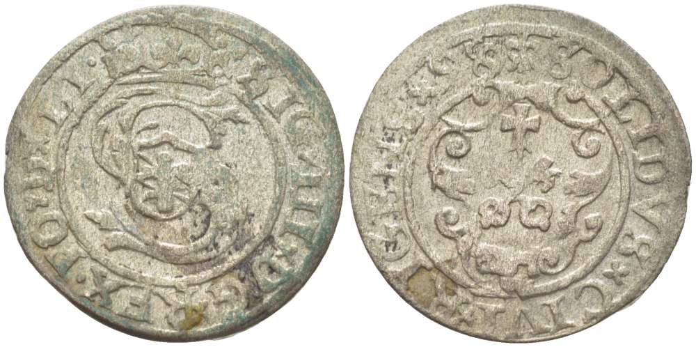 Рига 1 шиллинг (шеляг) 1599 Сигизмунд III (1587-1632), вес 1,01 гр. KM 5 серебро 1517-212