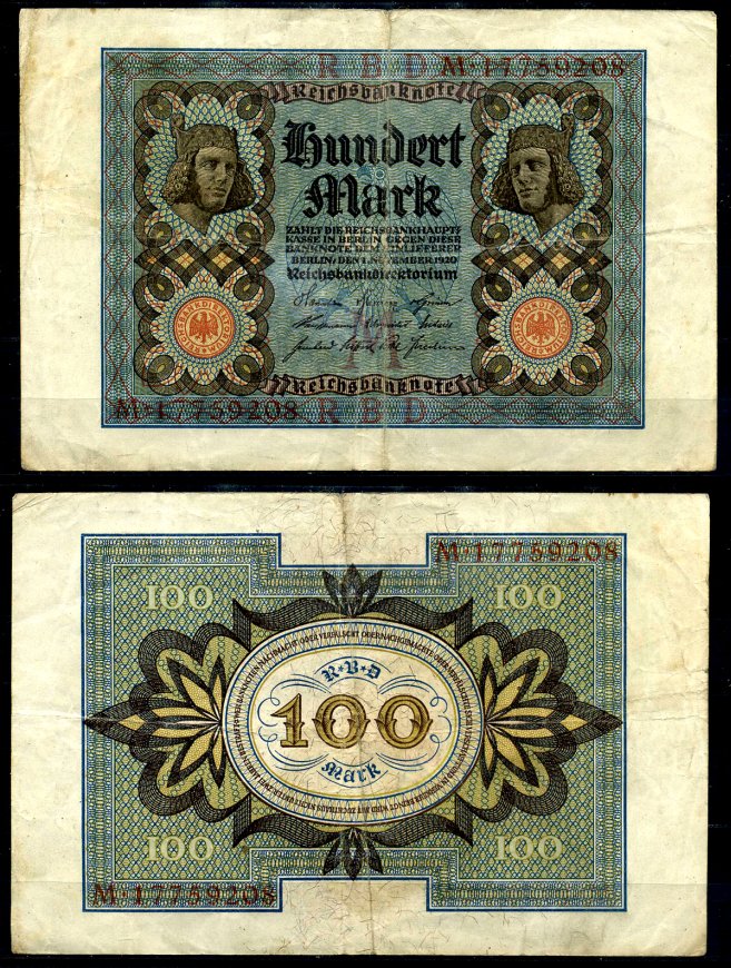 Германия 100 марок 1920 Бамбергский всадник, 8 цифр в номере, серия M, буква M Pick 69 b, Розенберг 67b  бумага   8617-11-2-1