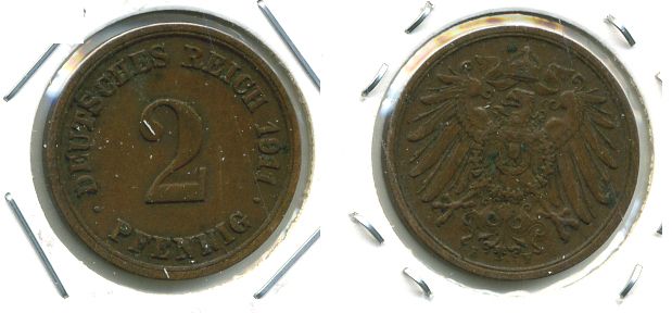 ГЕРМАНИЯ 2 ПФЕННИГА 1911 F KM 16, J.11 медь 701-524