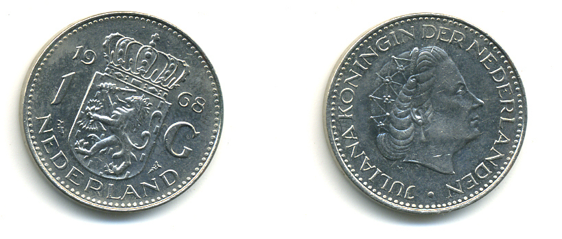 Нидерланды 1 гульден 1968 Юлиана (1948-1980) KM 184a никель 83-755