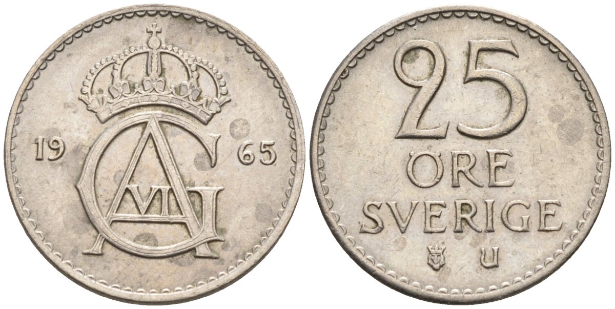 Швеция 25 эре 1965 Густав VI Адольф (1950-1973) KM 836 медно-никель 4585-465