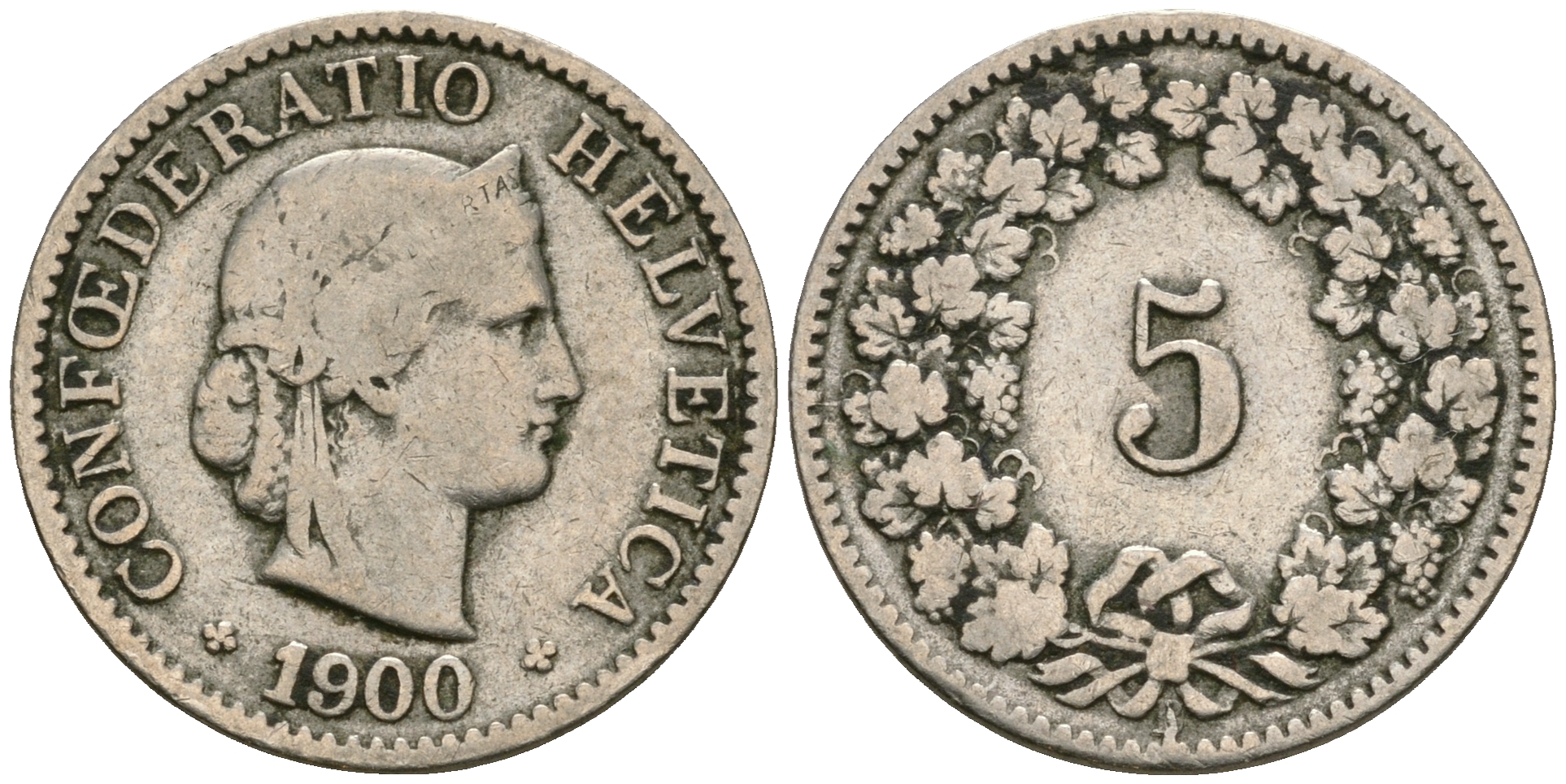 Швейцария 5 раппенов 1900 В KM 26 медно-никель 4608-1015