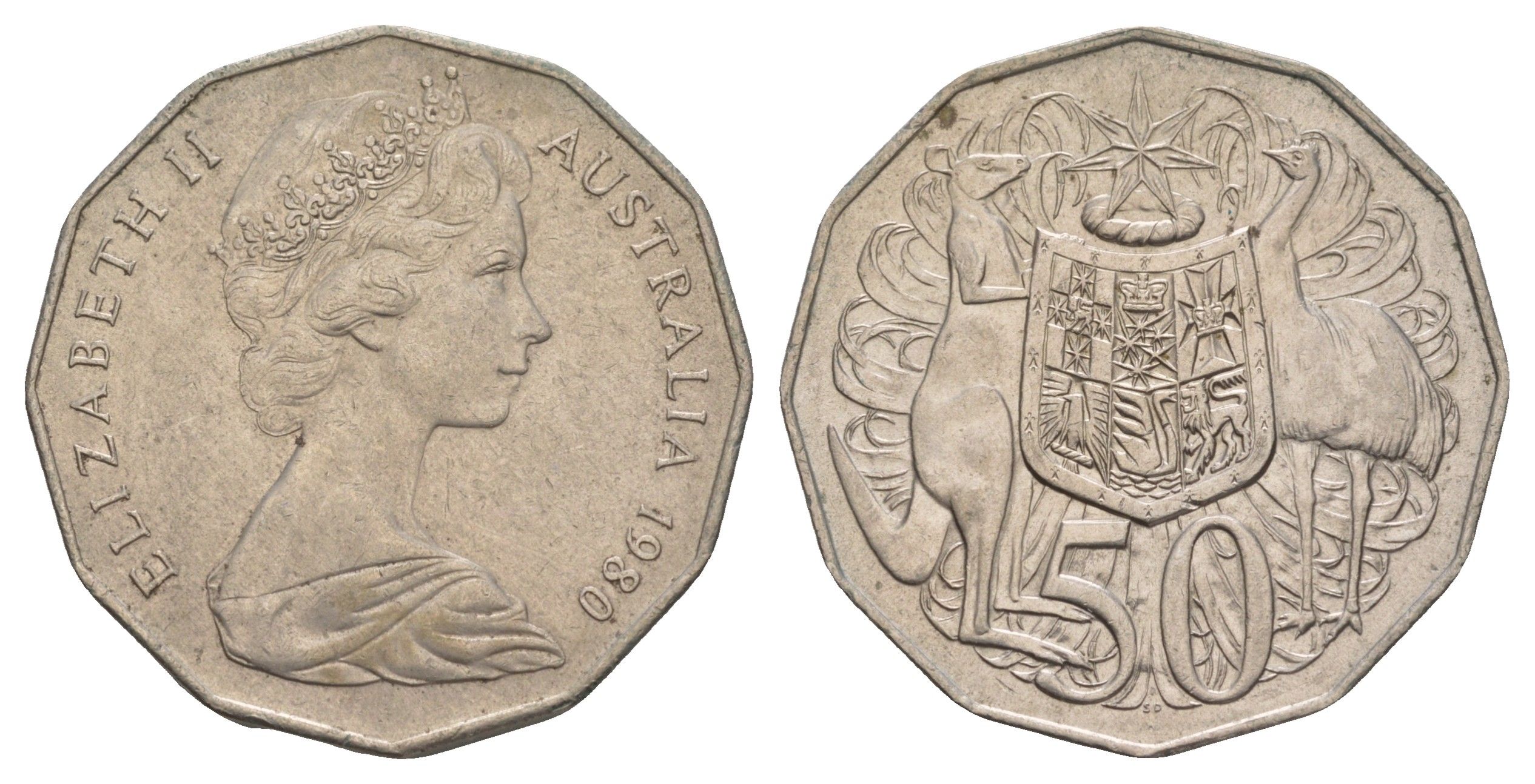 Австралия 50 центов 1980 Елизавета II (1952-2022), герб Австралии, кенгуру KM 68 медно-никель 4653-1132