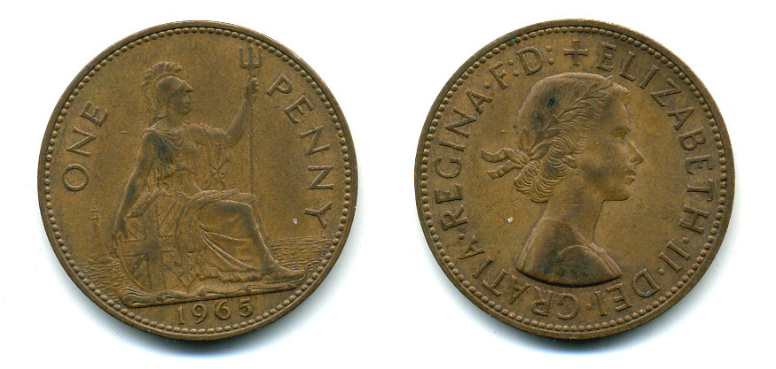 Великобритания 1 пенни 1965 Елизавета II (1952-2022) КМ 897, Spink 4157 бронза 89-846