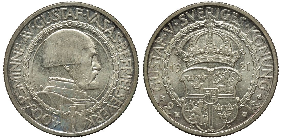 Швеция 2 кроны 1921 W, Густав V (1907-1950) 400 лет политических свобод KM 799 серебро UNC 4111-1245