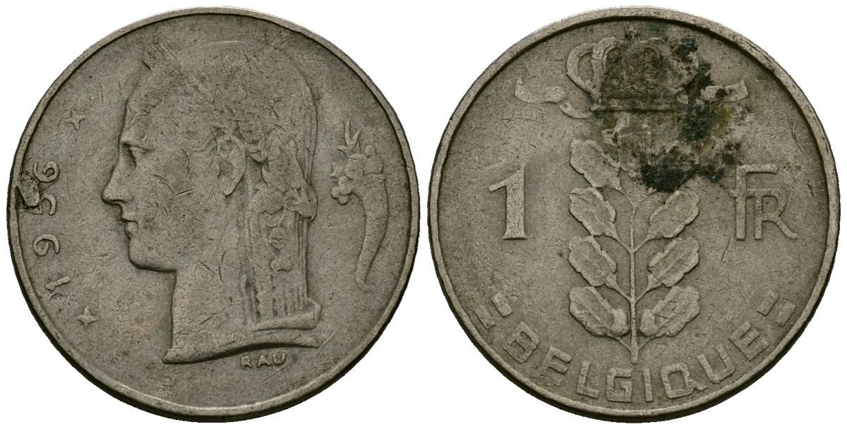 Бельгия 1 франк 1956 Belgique, Бодуэн I (1951-1993) KM 142 медно-никель 4138-231