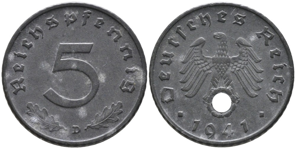 Германия 5 рейхспфеннигов 1941 D, монетный двор Мюнхен KM 100, J. 370 цинк 186-752