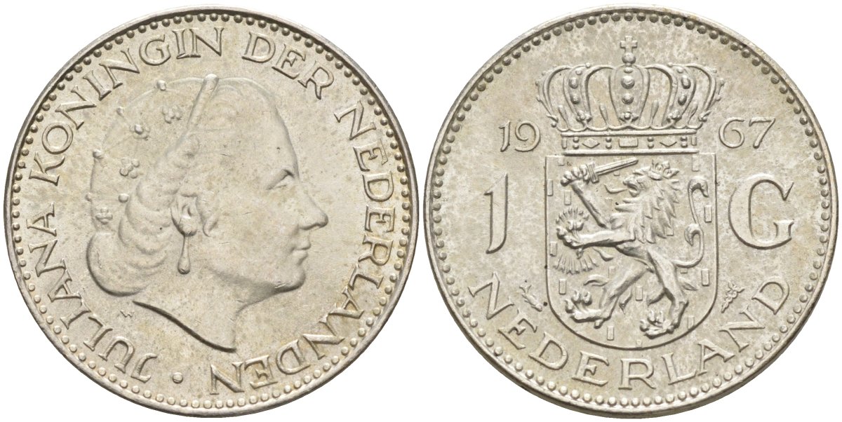 Нидерланды 1 гульден 1967 Юлиана (1948-1980) KM 184 серебро 4126-1142