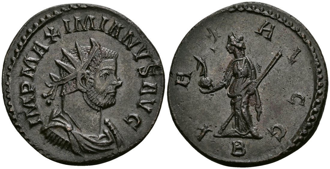 Римская Империя аврелианиан 290 - 291 Максимиан Геркулий PAX AVGG Пация, персонификация Мира Лугдун Extremely fine RIC 399 бронза 1073-5-7-1