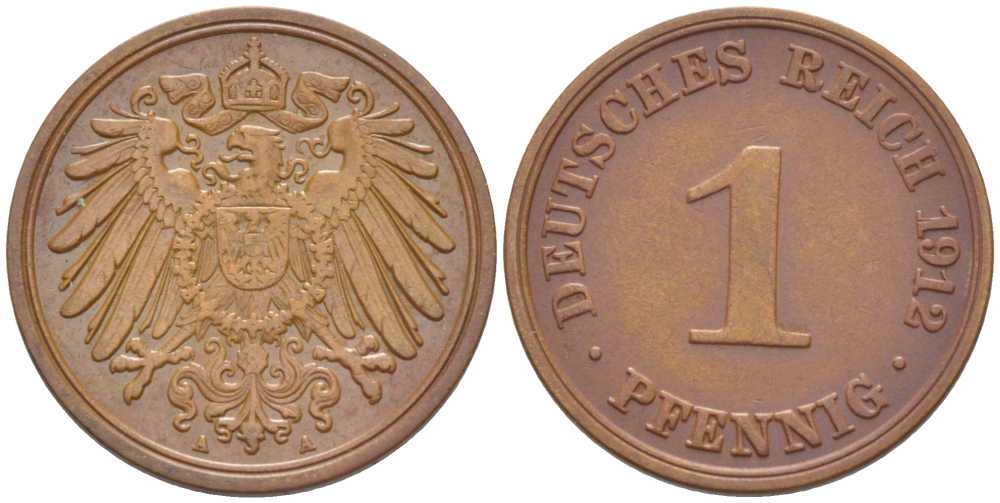 ГЕРМАНИЯ 1 ПФЕННИГ 1912 A KM 10, J. 10, Weege 2 медь 211-452