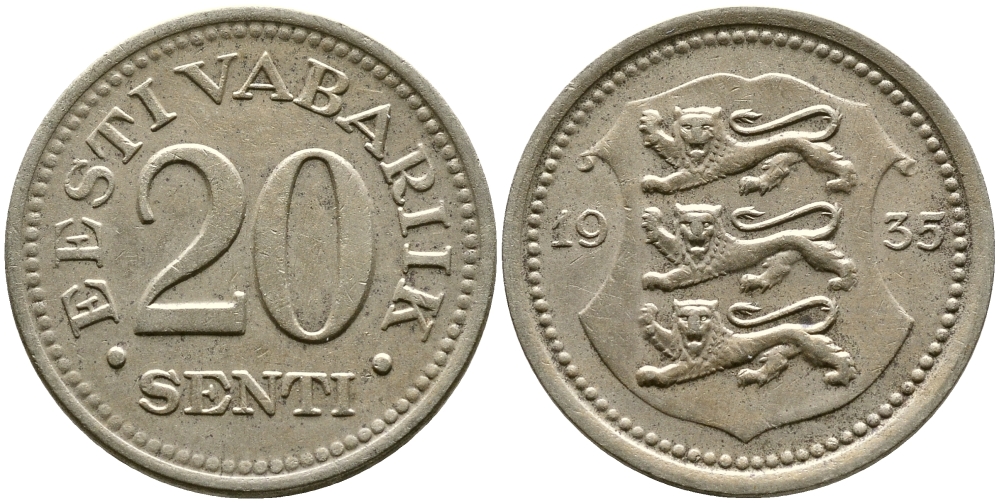 Эстония 20 центов 1935 Республика (1928-1940) KM 17 никель бронза 86-1456