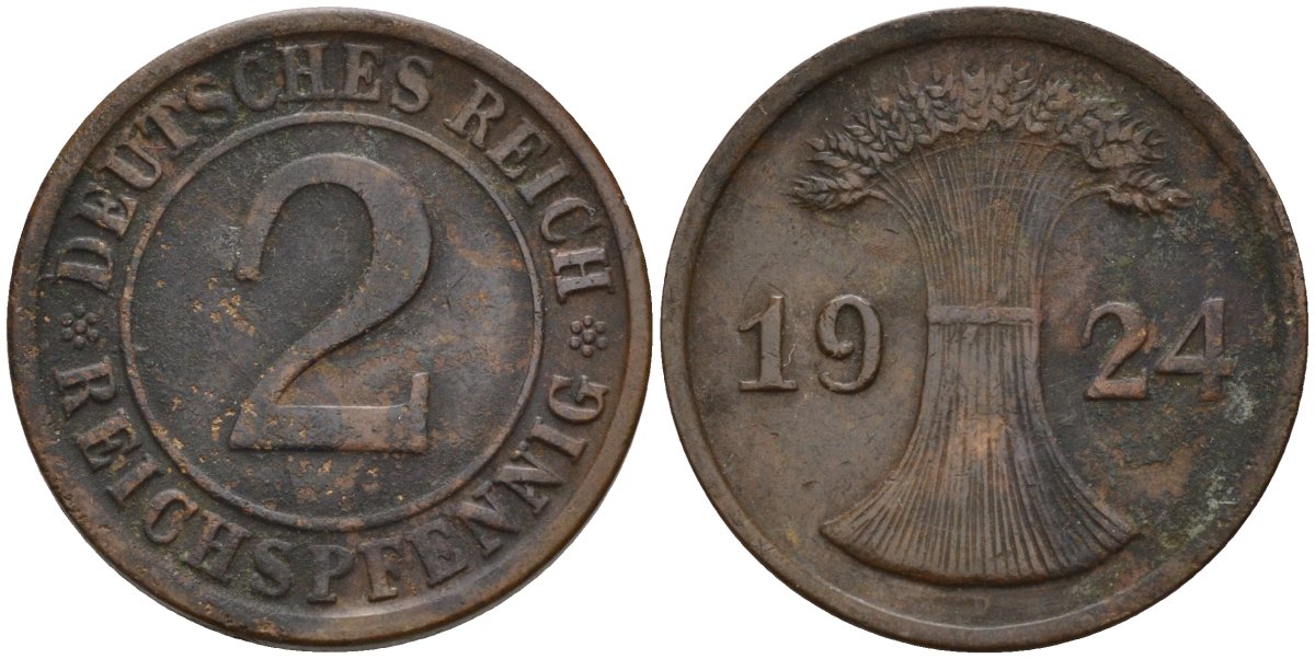 Германия 2 рейхспфеннига 1924 D KM 38, J. 314 бронза 4147-1246