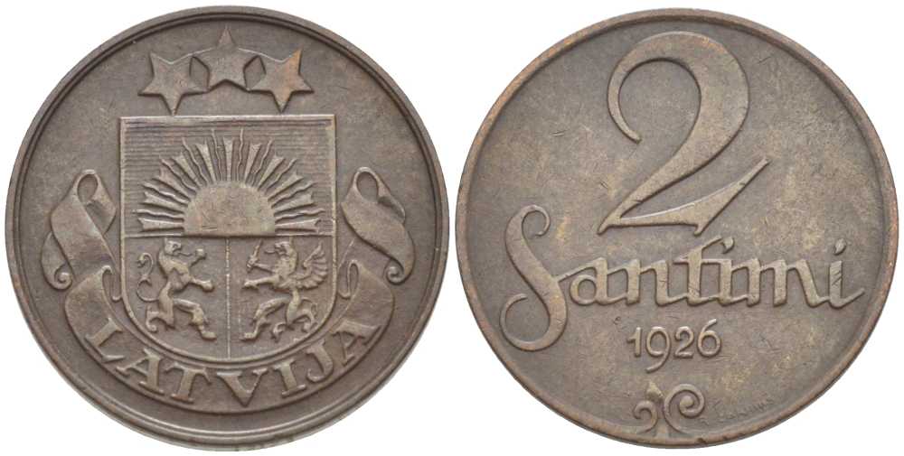 ЛАТВИЯ 2 САНТИМА 1926 ПЕРВАЯ РЕСПУБЛИКА (1918-1939) KM 2 бронза 119-141