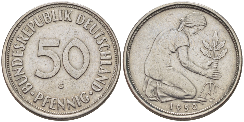 ФРГ 50 ПФЕННИГОВ 1950 G KM 109.1, J. 384 медно-никель 67-743