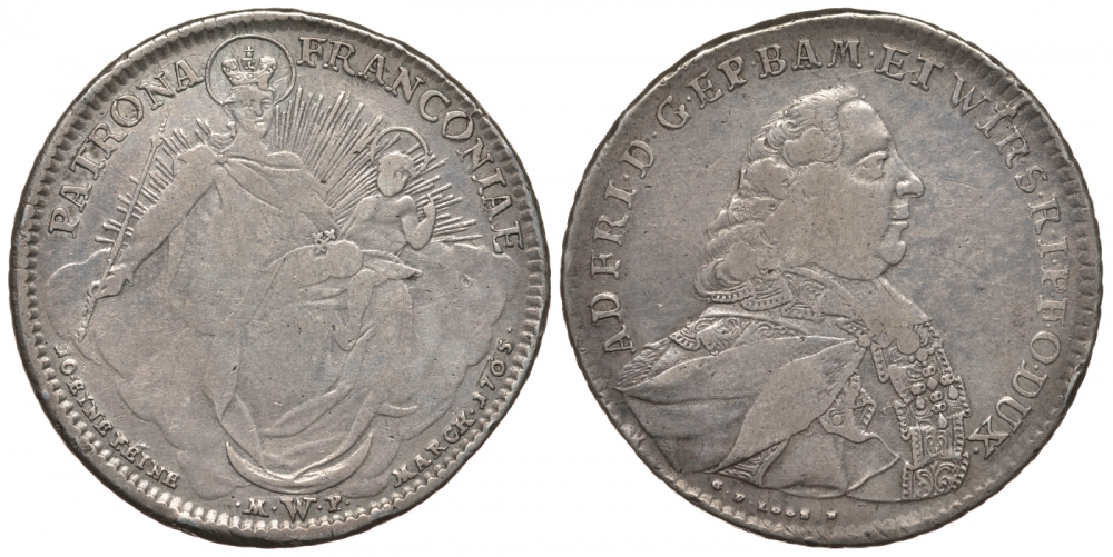 Вюрцбург 1 талер 1764 MP, G.F. LOOS F., Адам Фридрих фон Зайнсхайм (1755-1779), мадонна KM 394 (C55a.2), Dav. 2897 серебро 00-809-17