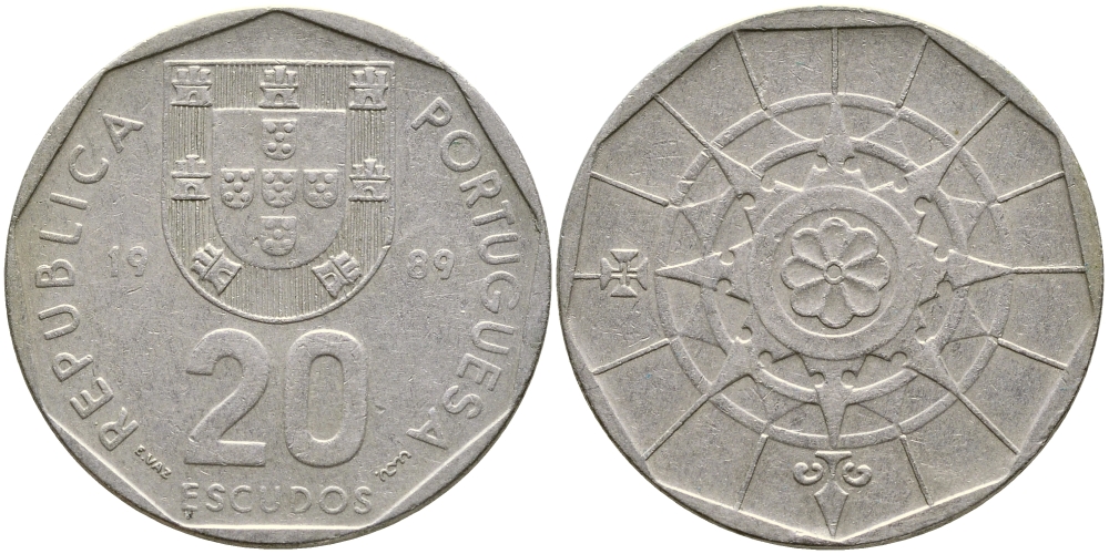 ПОРТУГАЛИЯ 20 ЭСКУДО 1989 INCM KM 634.1 медно-никель 1524-831