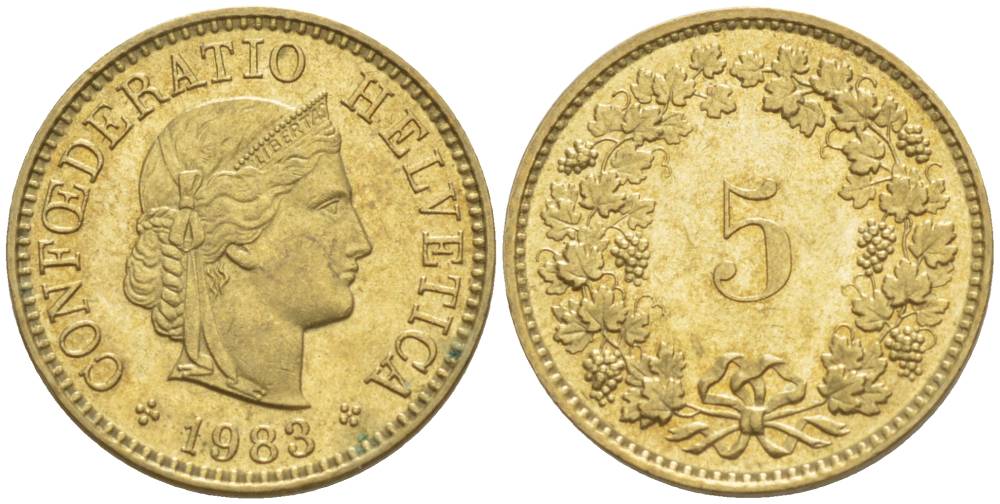 Швейцария 5 раппенов 1983 KM 26c алюминиевая бронза 4532-855