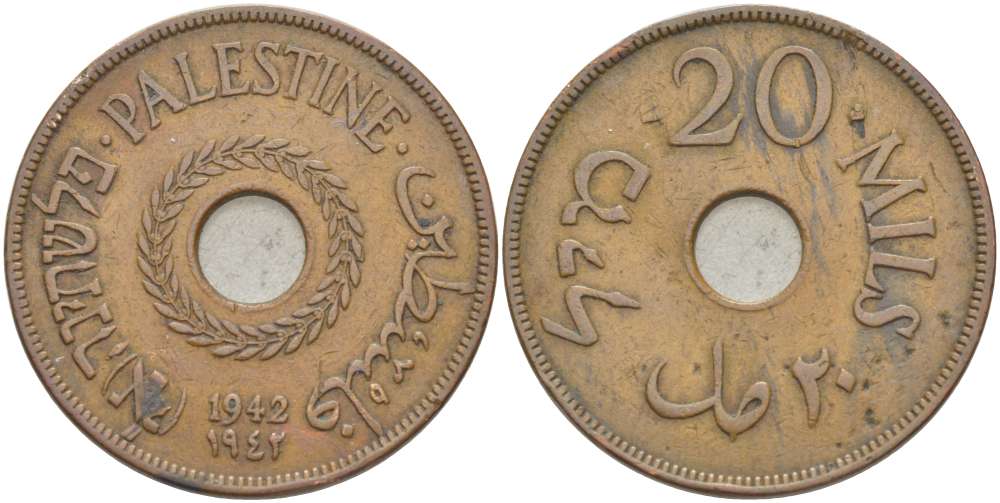 Израиль, Палестина 20 милсов 1942 Британская администрация KM 5а бронза 4185-1236