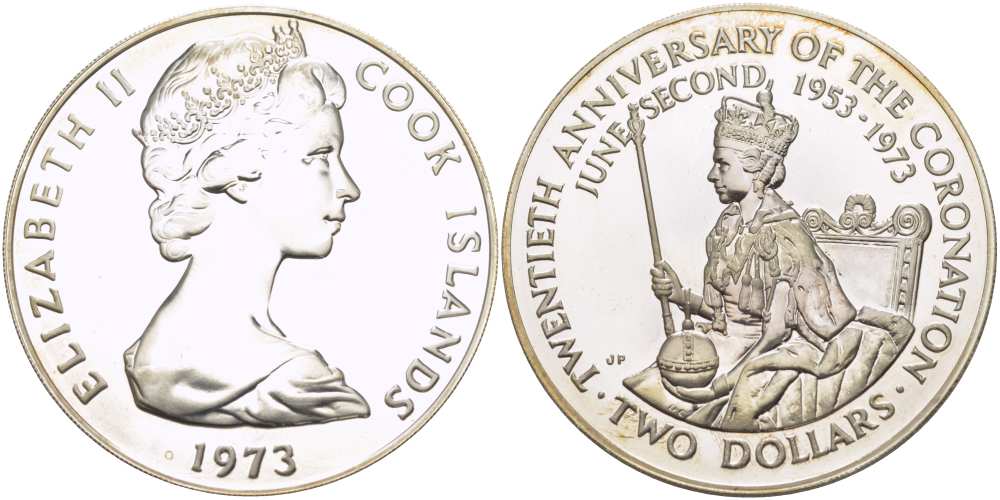 Острова Кука 2 доллара 1973 20 лет со дня коронации Елизаветы II KM 8 серебро UNC 1085-7-13
