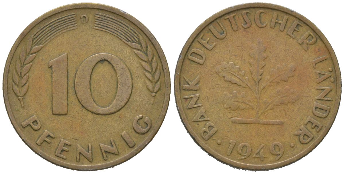 ФРГ 10 пфеннигов 1949 D KM 103, J. 378 сталь плакированная латунью 4604-1147