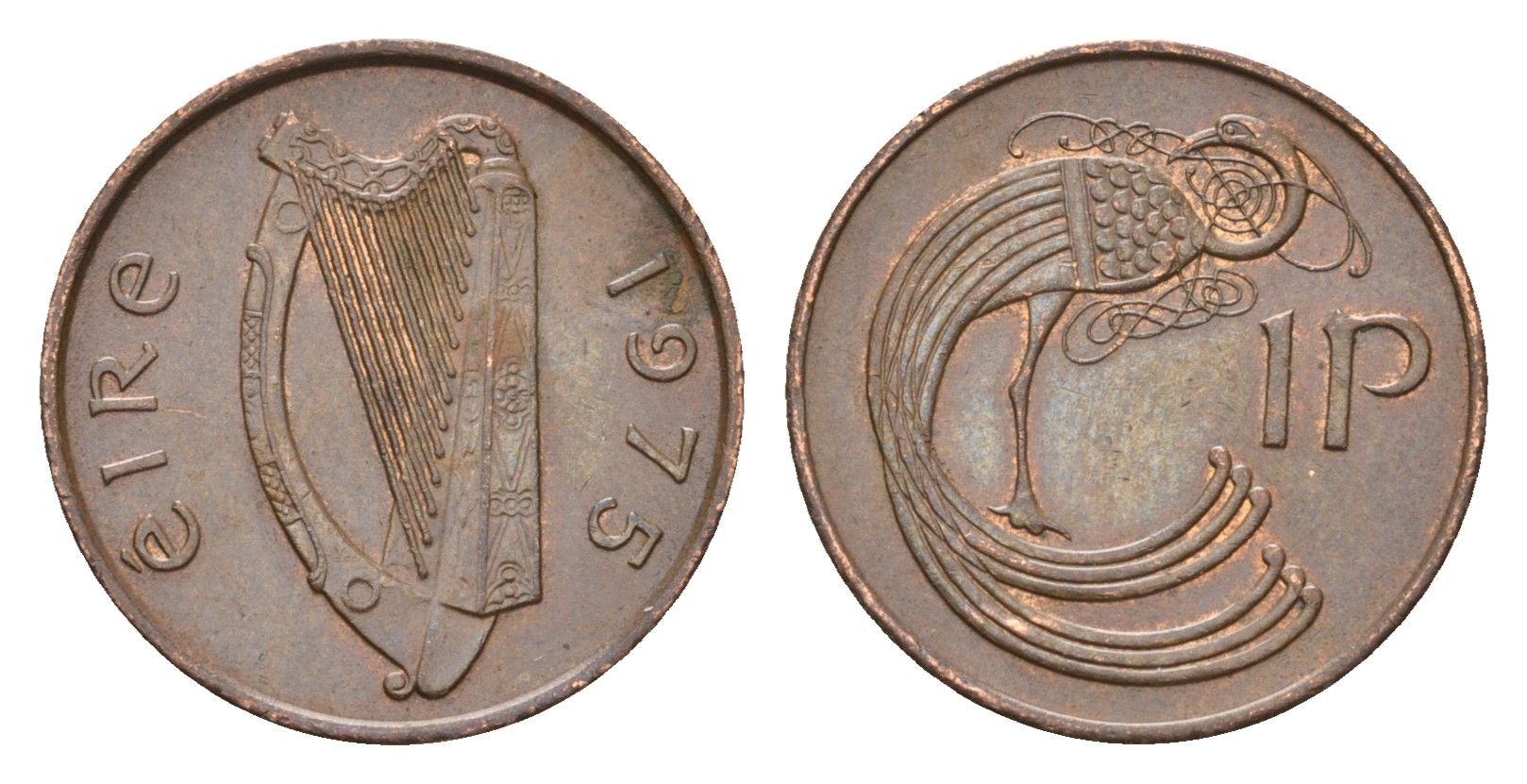 Ирландия 1 пенни 1975 мифологическая птица лира KM 20 бронза 4687-922