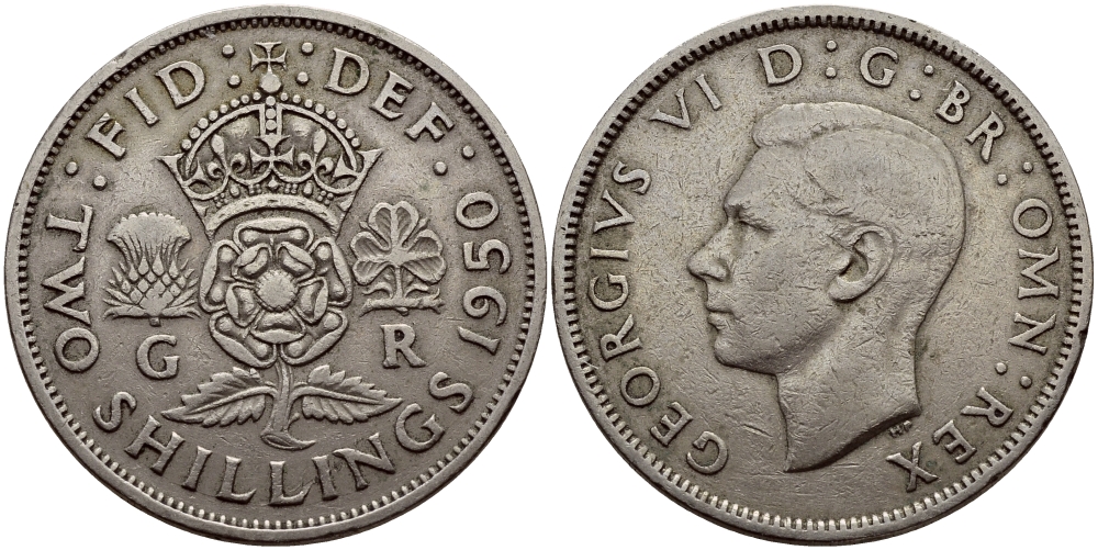 Великобритания 2 шиллинга (флорин) 1950 Георг VI (1936-1952) KM 878, Spink 4107 медно-никель 83-1246
